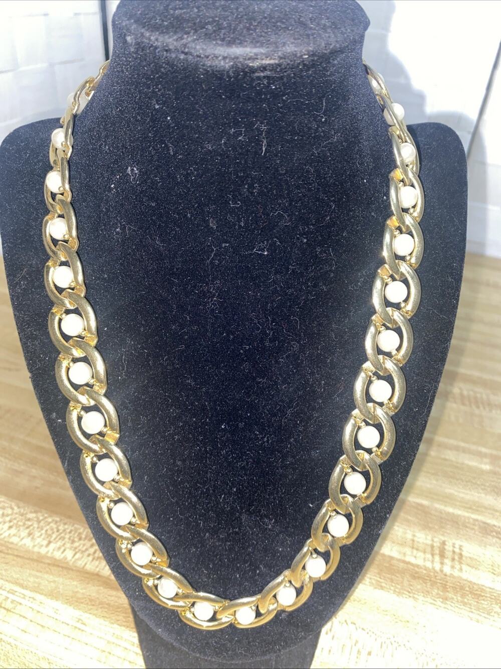 Vintage Caged Faux Pearl Gold Link Collar Necklace Fold Over Concealed Clasp